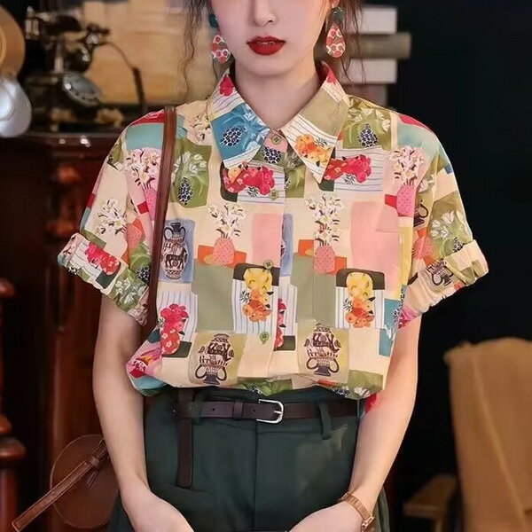 Rakuten - 柄シャツ 花瓶柄 フラワーベース柄 花柄　パッチワーク風 マルチカラー　パステルカラー ストライプ柄 チェック柄 半袖 半袖シャツ オーバーサイズ 衣装 韓国 大きいサイズ 個性的 春服 夏服