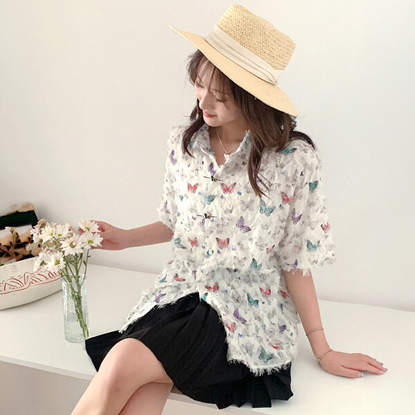柄シャツ 蝶柄 バタフライ柄 フリンジ フェザー シアー シースルー ジャカード 白 ホワイト 半袖 半袖シャツ オーバーサイズ 衣装 韓国 大きいサイズ 個性的 春服 夏服 decorative-10012831 サスガヤSHOP旧ダンスDecorative サンプル画像2