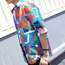 柄シャツ シャツ メンズ レディース 半袖 五分袖 和柄 歌舞伎柄 パッチワーク風 カラフル 総柄 ダンス 衣装 ヒップホップ コスチューム 韓国ファッション ...