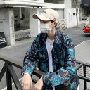 柄シャツ フラワー柄 ダークグリーン レトロ 長袖 サテンシャツ ダンス 衣装 ヒップホップ コスチューム 韓国ファッション 大きいサイズ 個性的 服