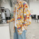 柄シャツ リーフ柄 ボタニカル柄 長袖 オレンジ イエロー カラフル 秋服 シャツ ダンス 衣装 ヒップホップ コスチューム 韓国ファッション 大きいサイズ 個性的 服