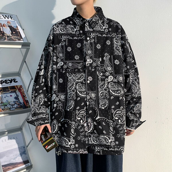 柄シャツ バンダナ柄 長袖 黒 ブラック ペイズリー柄 オーバーサイズ ダンス 衣装 ...