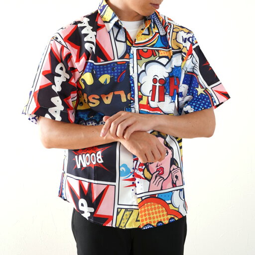 柄シャツ コミック柄 半袖シャツ POP アメコミ風 カラフル 吹き出し柄 ドット柄 ダンス 衣装 ヒップホップ 韓国ファッション 大きいサイズ 個性的 シャツ トップス