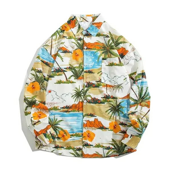 Rakuten - 柄シャツ ハワイ柄 ハワイ ハワイアン ヤシの木 花 ハイビスカス 南国 リゾート 旅行 海 長袖シャツ 長袖 総柄 衣装 大きいサイズ シャツ 春服 秋服 トップス