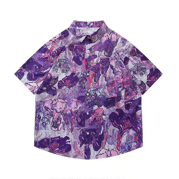 柄シャツ パープル 紫 アート 絵画 油絵 フラワー 花柄 抽象柄 半袖シャツ シャツ オーバーサイズ 衣装 韓国ファッション 大きいサイズ 個性的 シャツ 春服 夏服 トップス decorative-10012359 サスガヤSHOP旧ダンスDecorative サンプル画像2