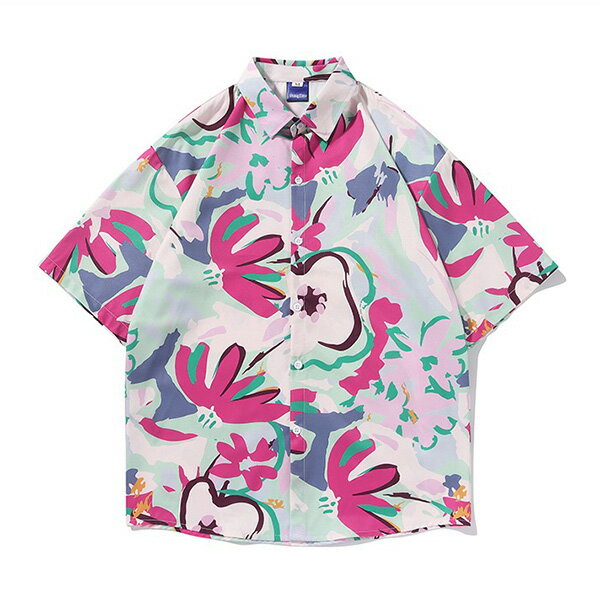 柄シャツ 花 フラワー 絵 絵画風 ポスター風 抽象柄 マルチカラー ピンク ブルー ブルーベース オーバ..