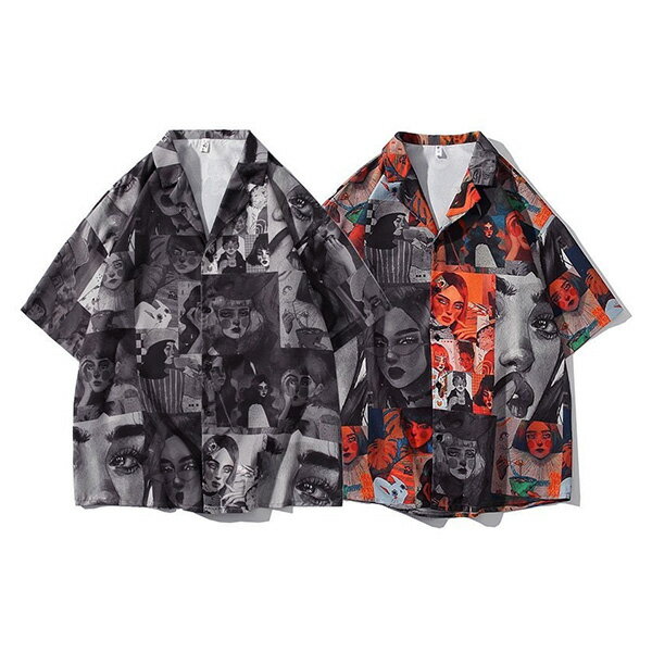 柄シャツ ピンナップ ガール 女の子 写真 イラスト コラージュ モノトーン 半袖 半袖シャツ オーバーサイズ 衣装 コスチューム 韓国ファッション 大きいサイズ 個性的