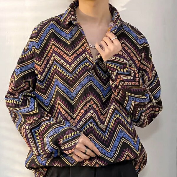 柄シャツ ジャカード ジグザグ 山形 縞柄 Z字形 稲妻形 ギザギザ ヘリンボーン 緑 青 グリーン ブルー ジオメトリック 長袖 長袖シャツ ライトアウター オーバーサイズ 大きいサイズ 個性的 秋服 冬服 キャンプ アウトドア