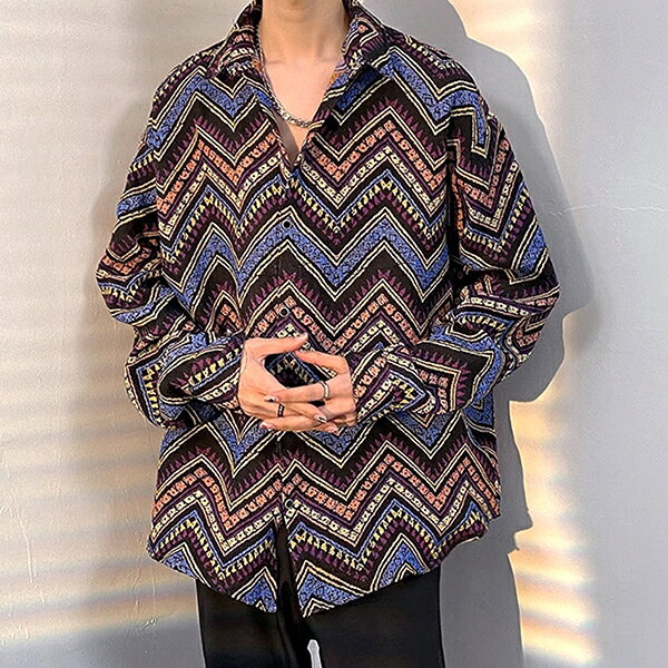 柄シャツ ジャカード ジグザグ 山形 縞柄 Z字形 稲妻形 ギザギザ ヘリンボーン 緑 青 グリーン ブルー ジオメトリック 長袖 長袖シャツ ライトアウター オーバーサイズ 大きいサイズ 個性的 秋服 冬服 キャンプ アウトドア decorative-10012438 サスガヤSHOP旧ダンスDecorative サンプル画像2