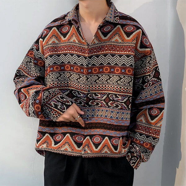 柄シャツ ジャカード ボーダー 円形 ひし形 波型 並々 ペイズリー エスニック ジオメトリック 幾何柄 幾何学模様 長袖 長袖シャツ ライトアウター オーバーサイズ 大きいサイズ 個性的 秋服 冬服