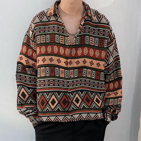 柄シャツジャカードひし形四角図形ボ...