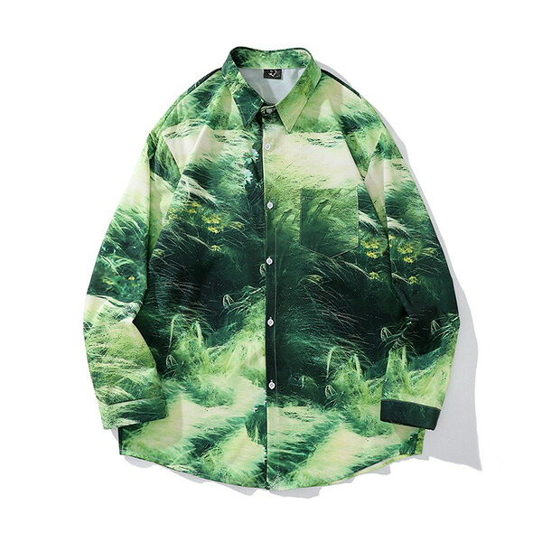 柄シャツ グリーン 緑 草原柄 ボタニカル 植物柄 デジタルプリント フラワー 花柄 黄緑 長袖 長袖シャツ オーバーサイズ 衣装 韓国 大きいサイズ 個性的 秋服 冬服 decorative-10012532 サスガヤSHOP旧ダンスDecorative パッケージ画像