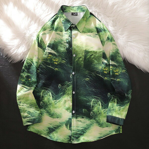 柄シャツ グリーン 緑 草原柄 ボタニカル 植物柄 デジタルプリント フラワー 花柄 黄緑 長袖 長袖シャツ オーバーサイズ 衣装 韓国 大きいサイズ 個性的 秋服 冬服 decorative-10012532 サスガヤSHOP旧ダンスDecorative サンプル画像2
