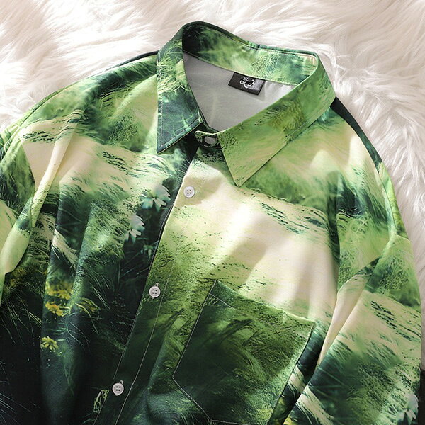 柄シャツ グリーン 緑 草原柄 ボタニカル 植物柄 デジタルプリント フラワー 花柄 黄緑 長袖 長袖シャツ オーバーサイズ 衣装 韓国 大きいサイズ 個性的 秋服 冬服 decorative-10012532 サスガヤSHOP旧ダンスDecorative サンプル画像3