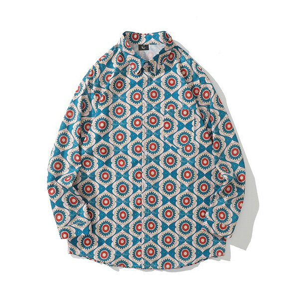 Rakuten - 柄シャツ 花柄 フラワー モザイク柄 タイル柄 モロッカン モロッコ柄 オクタグラム 幾何柄 ブルー系 グリーン系 青 緑 赤 長袖 長袖シャツ オーバーサイズ 衣装 韓国 大きいサイズ 個性的 秋服 冬服