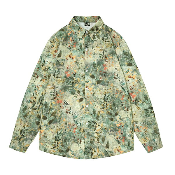 Rakuten - 柄シャツ 植物柄 ボタニカル柄 草木柄 リーフ グリーン 緑 和風 紅葉 長袖 長袖シャツ オーバーサイズ 衣装 韓国 大きいサイズ 個性的 秋服 冬服