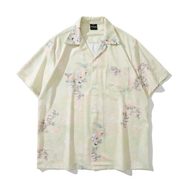 Rakuten - 柄シャツ 昔話柄 女性 天女 子ども 着物風 和柄 和風 花柄 フラワー 植物柄 グリーン 黄緑 オープンカラー半袖 半袖シャツ オーバーサイズ 衣装 韓国 大きいサイズ 個性的 春服 夏服