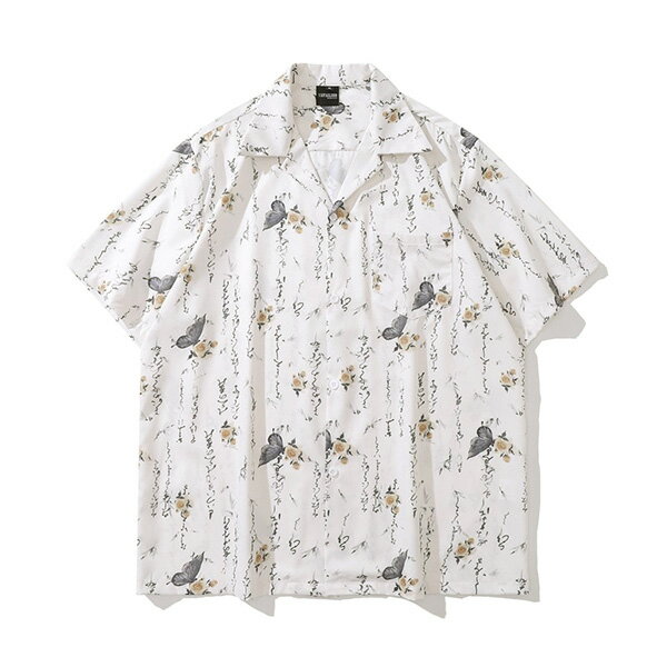 柄シャツ バラ 薔薇柄 花柄 花 文字 ひらがな セピアカラー 蝶 ちょうちょ柄 ちょうちょ バタフライ 和柄 和風 メッセージプリント ホワイト オフホワイト 白 半袖 半袖シャツ オーバーサイズ 衣装 韓国 大きいサイズ 個性的 春服 夏服(4.0)