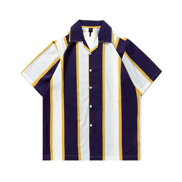 柄シャツ ストライプ柄 ストライプ 縞柄 しましま ユニフォーム風 スポーティ古着風 紺 黄色 白 マルチカラー オープンカラー 白 黒 半袖 半袖シャツ オーバーサイズ 衣装 韓国 大きいサイズ 個性的 春服 夏服