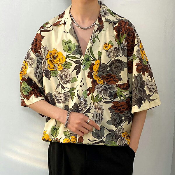 柄シャツ バラ 花 花柄 バラ柄 アンティーク ゴブラン風 ジャカード風 イエロー ブラウン グリーン グレー 半袖 半袖シャツ オーバーサイズ 衣装 韓国 大きいサイズ 個性的 春服 夏服