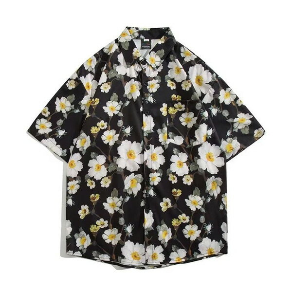 Rakuten - 柄シャツ 花柄 白い花 フラワー 花 ボタニカル フローラル デジタルプリント ブラック ホワイト 黒 白 半袖シャツ オーバーサイズ 衣装 韓国 大きいサイズ 個性的 春服 夏服