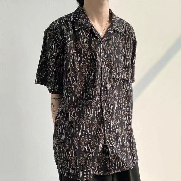Rakuten - 柄シャツ リーフ柄 リーフ ボタニカル 植物柄 葉っぱ ナチュラル 自然 オープンカラー 開襟シャツ ブラック 黒 ベージュ 半袖 半袖シャツ オーバーサイズ 衣装 韓国 大きいサイズ 個性的 春服 夏服