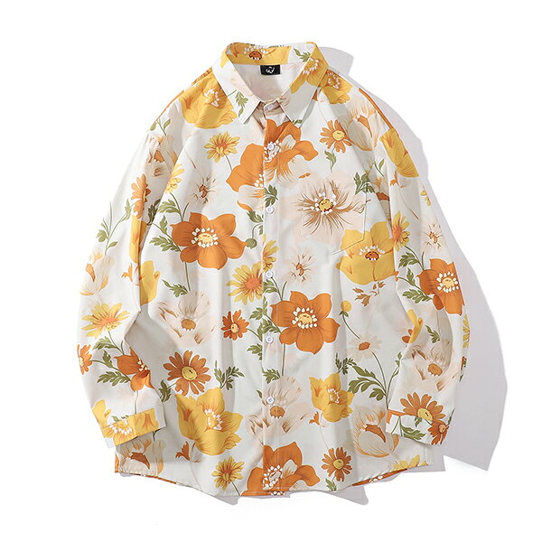 Rakuten - 柄シャツ オレンジ 花柄 フラワー フローラル ベージュ マリーゴールド ボタニカル柄 くすみカラー 古着ミックス 長袖 長袖シャツ オーバーサイズ 衣装 韓国 大きいサイズ 個性的 春服 夏服 秋服