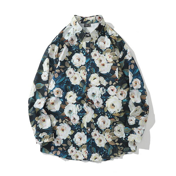 Rakuten - 柄シャツ 花柄 フラワー柄 油絵風 絵画風 白い花 ペイント ボタニカル柄 フローラル 花 ホワイト 長袖 長袖シャツ オーバーサイズ 衣装 韓国 大きいサイズ 個性的 春服 夏服 秋服