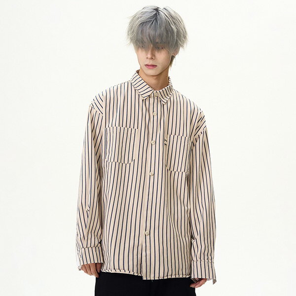 Rakuten - 柄シャツ ストライプ柄 縞々 縦縞 ストライプ ピンストライプ ベージュ ブラック ポケット だぼだぼ シンプル 長袖 長袖シャツ オーバーサイズ 衣装 韓国 大きいサイズ 個性的 秋服 冬服