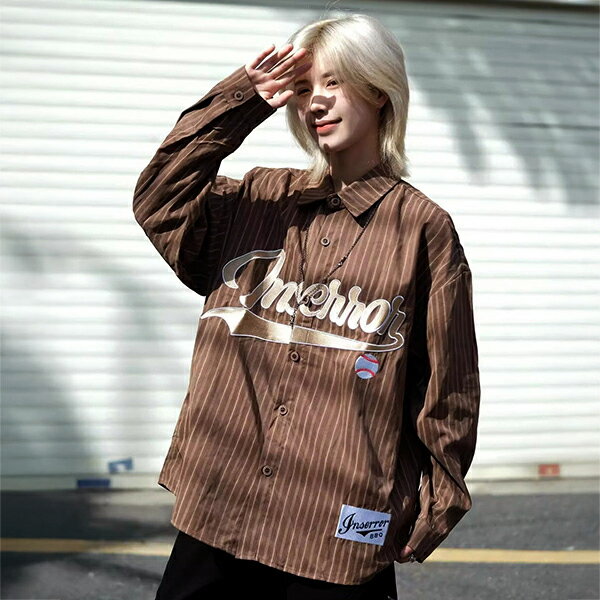 柄シャツ ストライプ柄 縞柄 しましま ロゴ 刺繍 ワッペン 野球 ベースボール スポーティ ボール バッド ブラウン 茶色 アイボリー ベージュ 長袖 長袖シャツ オーバーサイズ 衣装 韓国 大きいサイズ 個性的 秋服 冬服