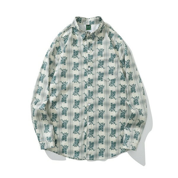 柄シャツ チェック柄 チェック 花柄 花 花束 クラシック ノスタルジック 古着風 アイボリー グリーン 緑 長袖 長袖シャツ オーバーサイズ 衣装 韓国 大きいサイズ 個性的 春服 秋服 冬服