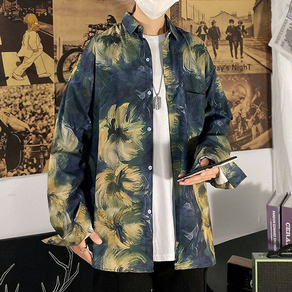 Rakuten - 柄シャツ 植物柄 ボタニカル柄 フラワー柄 花柄 トロピカル柄 ブルー グリーン 長袖 長袖シャツ オーバーサイズ 衣装 韓国 大きいサイズ 個性的 春服 夏服 秋服 冬服