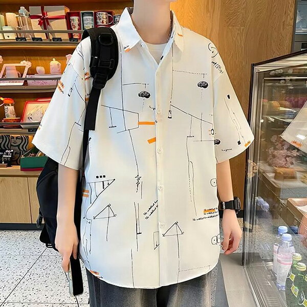 Rakuten - 柄シャツ 落書き柄 幾何柄 ジオメトリック 化学 算数 ロゴ 文字 ホワイト 白 イエロー ブルー 半袖 半袖シャツ オーバーサイズ 衣装 韓国 大きいサイズ 個性的 春服 夏服