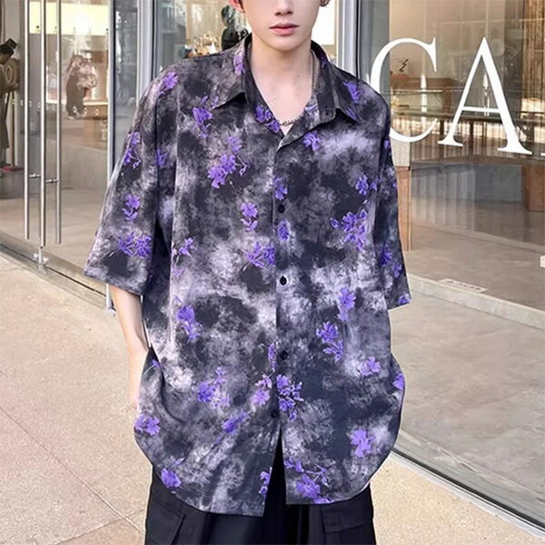 Rakuten - 柄シャツ 花柄 タイダイ 絞り染め風 ぼかし柄 ダーク ミステリアス ゴシック系 紫 パープル 黒 ブラウン 半袖 半袖シャツ オーバーサイズ 衣装 韓国 大きいサイズ 個性的 春服 夏服
