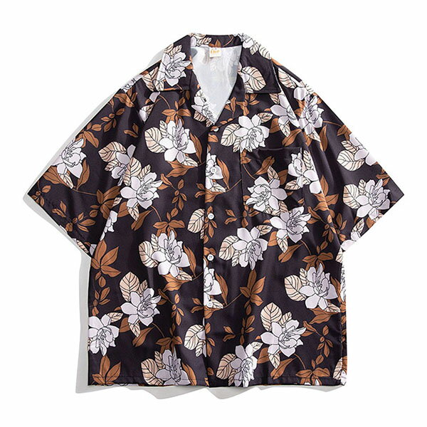 Short Sleeves - 柄シャツ 花柄 フラワー柄 リーフ柄 秋色 ブラック キャメル オープンカラー アロハシャツ 半袖 半袖シャツ オーバーサイズ 衣装 韓国 大きいサイズ 個性的 春服 夏服