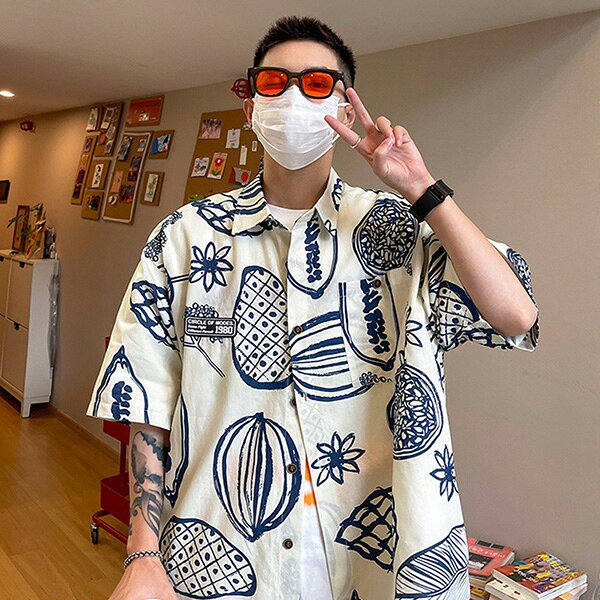 柄シャツ フルーツ柄 花柄 パイナップル柄 リーフ柄 トロピカル アロハシャツ ホワイト 白 ネイビー 紺 半袖 半袖シャツ オーバーサイズ 衣装 大きいサイズ 個性的 春服 夏服 decorative-10012840 サスガヤSHOP旧ダンスDecorative サンプル画像2