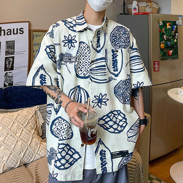 柄シャツ フルーツ柄 花柄 パイナップル柄 リーフ柄 トロピカル アロハシャツ ホワイト 白 ネイビー 紺 半袖 半袖シャツ オーバーサイズ 衣装 大きいサイズ 個性的 春服 夏服 decorative-10012840 サスガヤSHOP旧ダンスDecorative サンプル画像3