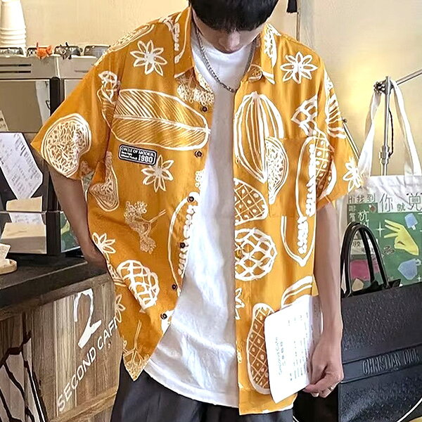 柄シャツ フルーツ柄 果物柄 パイナップル柄 植物柄 ボタニカル柄 手書き風 ワッペン オレンジ シトラス イエロー 黄色 半袖 半袖シャツ オーバーサイズ 衣装 韓国 大きいサイズ 個性的 春服 夏服 decorative-10012836 サスガヤSHOP旧ダンスDecorative サンプル画像2