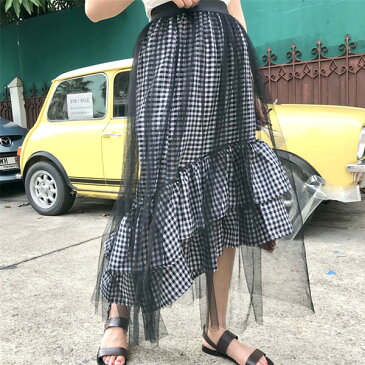【訳あり品】チュールスカートレイヤードのギンガムチェックティアードロングスカート 原宿系 ファッション レディース ゆめかわいい 服 奇抜 派手 個性的 ダンス 衣装 コスチューム ヒップホップ 韓国 大きいサイズ 180612