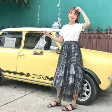【訳あり品】チュールスカートレイヤードのギンガムチェックティアードロングスカート 原宿系 ファッション レディース ゆめかわいい 服 奇抜 派手 個性的 ダンス 衣装 コスチューム ヒップホップ 韓国 大きいサイズ 180612