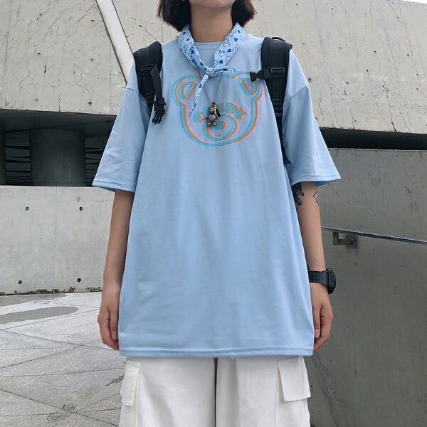 Rakuten - トップス カットソー Tシャツ 半袖 ビッグサイズ 熊 イラスト bear ピンク ブルー ストリート レディース ファッション ダンス 衣装 ヒップホップ 原宿系 韓国系
