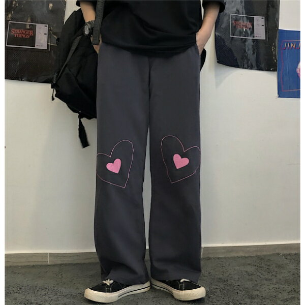 Rakuten - ボトムス パンツ フルレングス ジャージ ハート ウエストゴム ワンポイント グレー ホワイト ブラック ストリート レディース ファッション ダンス 衣装 ヒップホップ 原宿系 韓国系