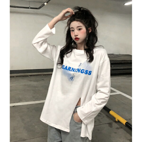 Rakuten - トップス カットソー Tシャツ 長袖 スリット ロゴ ゆったり ルーズ ストリート レディース ファッション ダンス 衣装 ヒップホップ 原宿系 韓国系