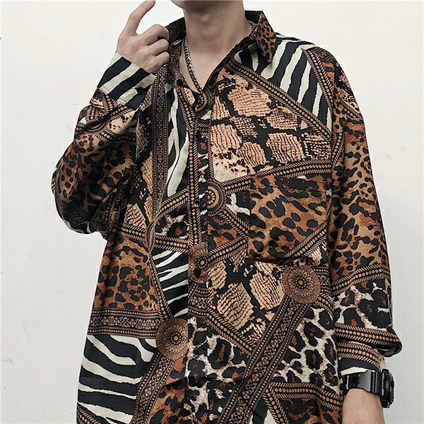 レオパード柄 ゼブラ柄 長袖 ブラウス アニマル ミックス ブラウン グレー ユニセックス 秋 韓国系 ストリート系 ストリートファッション レディース ガールズのサムネイル