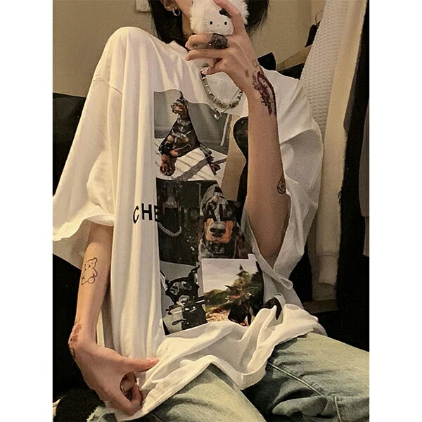 Rakuten - Tシャツ カットソー トップス レディース 大きいサイズ ゆったり 半袖 春夏 フォト プリント 韓国 ストリートファッション ダンス衣装 ヒップホップ 練習着