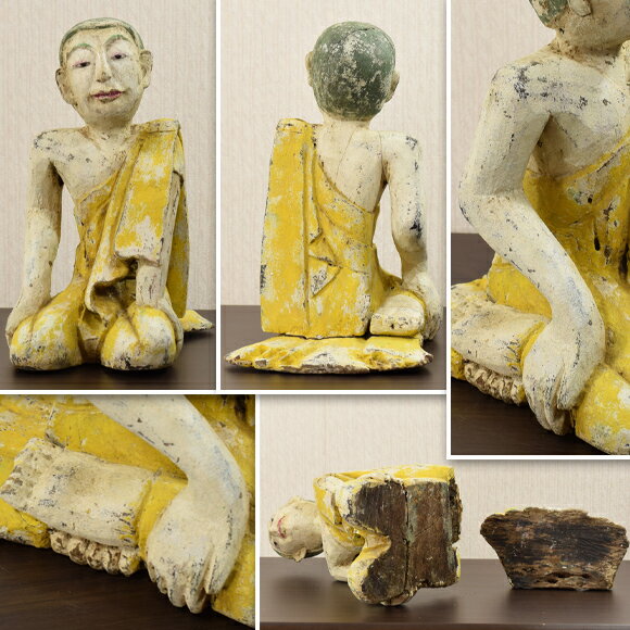 タイの修行僧（大）　時代を経たような木彫りのお坊さんの像　置物　オブジェ　飾り　木彫り　木製置物　僧侶　仏像　モンク　アンティーク　雑貨　アンティーク風　アジアン　ホワイト　イエロー　木彫　おしゃれ　リアル　珍しい　タイ製　アーティスト作品