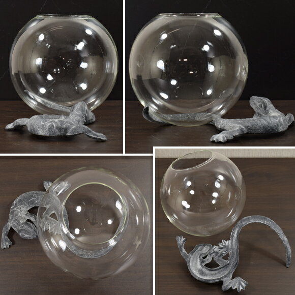 リザード トカゲが抱える丸いガラス花瓶 フラワーベース 花器 金属 ボール 装飾 卓上 室内 インテリア 球体 アンティーク 雑貨 アンティーク風 おしゃれ モダン 北欧 クラシック リアル シャビーシック 一輪挿し 曲線 レトロ シンプル クリア [2]