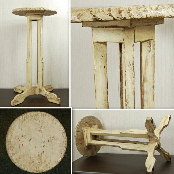 ANTIQUE Ivory スモール ラウンド フラワースタンド 花台 インドネシアのアンティーク 木製 テーブル アンティーク ベッドサイド 雑貨 アイボリー ホワイト [3]