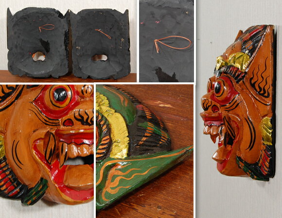 Barong バロン インドネシアの魔除け 壁飾り ウォールデコ パネル 壁掛け マスク アジアン アンティーク 骨董 木彫り 雑貨 アンティーク風 ハンドメイド オレンジ ブラウン グリーン 夏 [2]