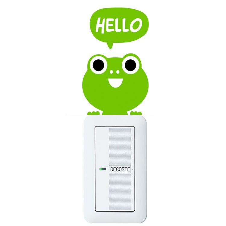 【送料無料】ひょっこりカエル　蛙　HELLO イエローグリーン スイッチステッカー ウォールステッカー 転写式 装飾 おしゃれ はがせる 剥がせる DIY 動物 立体 騙し絵 写真 カフェ ペット屋 玄関 寝室 子供部屋 PVC製 11.5*7cm #G335